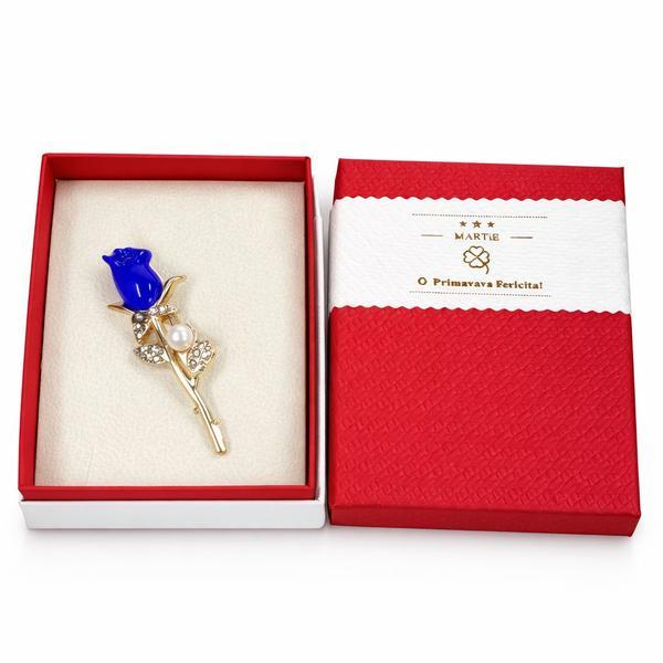 Broșă Mărțișor Trandafir Albastru cu Perlă și Cristale