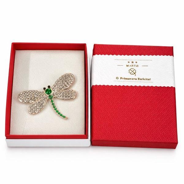 Broșă Mărțișor Libelulă cu Cristale Strălucitoare și Accente Verzi