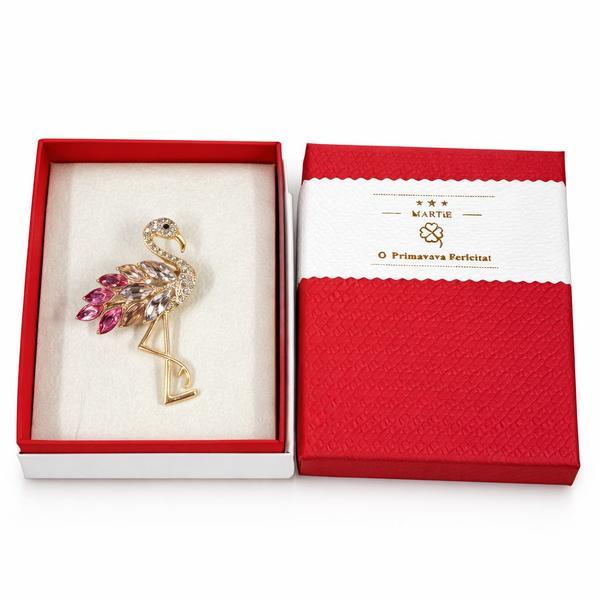 Broșă Mărțișor Flamingo Elegant cu Cristale Roz și Albe