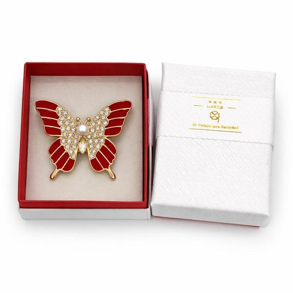 Broșă Mărțișor Fluture Roșu cu Perlă și Cristale Strălucitoare