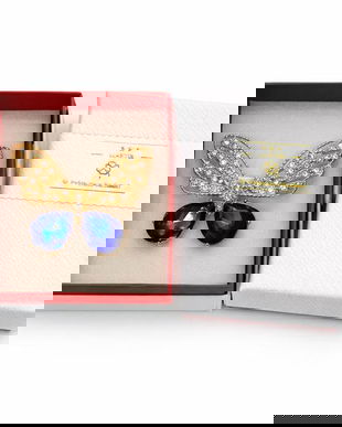 Broșă Mărțișor Fluture Auriu cu Pietre Albastre și Cristale Strălucitoare