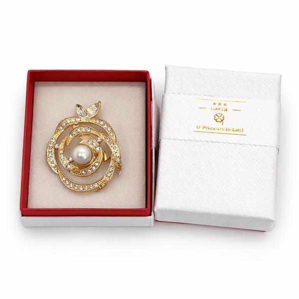 Broșă Mărțișor Trandafir Auriu cu Perlă și Cristale Strălucitoare