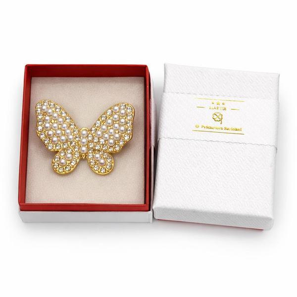 Broșă Mărțișor Fluture Auriu cu Perle și Cristale Strălucitoare