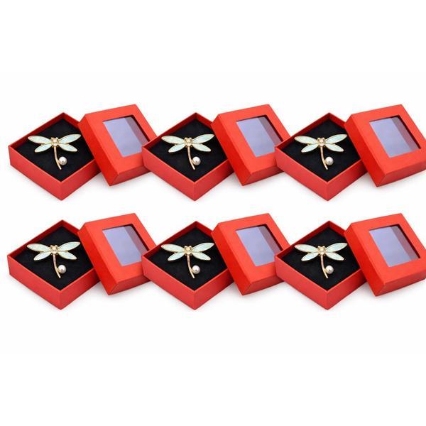 Set 6 Broșe Mărțișor Libelulă Elegantă, Emailată Turcoaz-Auriu cu Perlă, cu Cutie Cadou Roșie