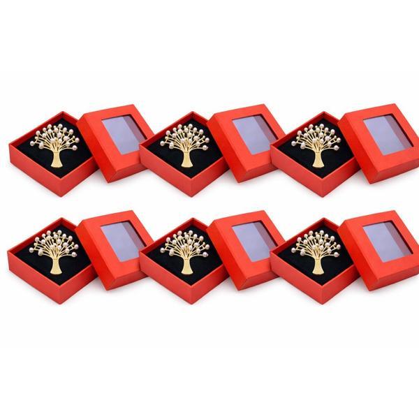 Set 6 Broșe Mărțișor Pomul Vieții Elegant, Auriu cu Perle Decorative, cu Cutie Cadou Roșie