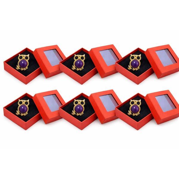 Set 6 Broșe Mărțișor Bufniță cu Piatră Mov, Finisaj Auriu, cu Cutie Cadou
