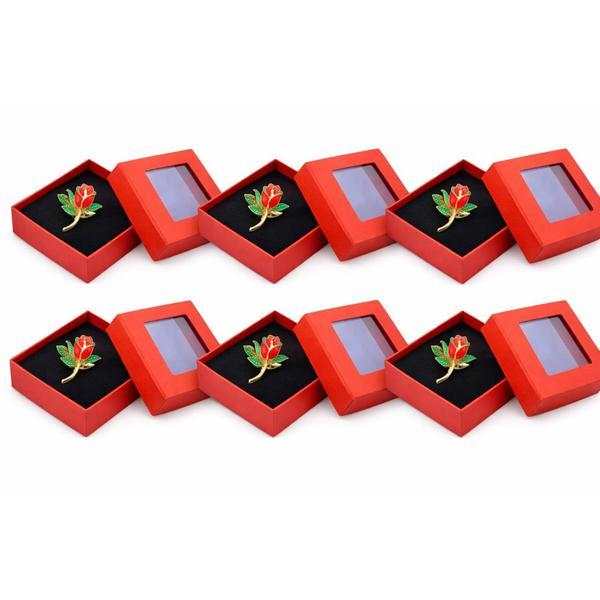 Set 6 Mărțișoare Broșă Trandafir Roșu, Design Elegant, Metal Auriu, Cutie Cadou