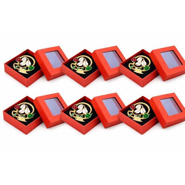 Set 6 Broșe Mărțișor Ghiocei cu Trifoi Norocos, Emailate Multicolor, cu Cutie Cadou Roșie