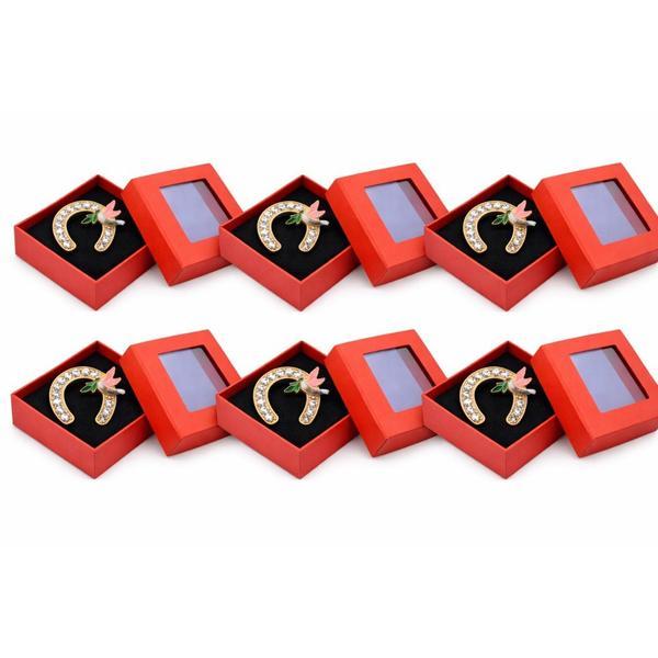 Set 6 Broșe Mărțișor Potcoavă Norocoasă, Auriu cu Cristale și Floare, cu Cutie Cadou Roșie