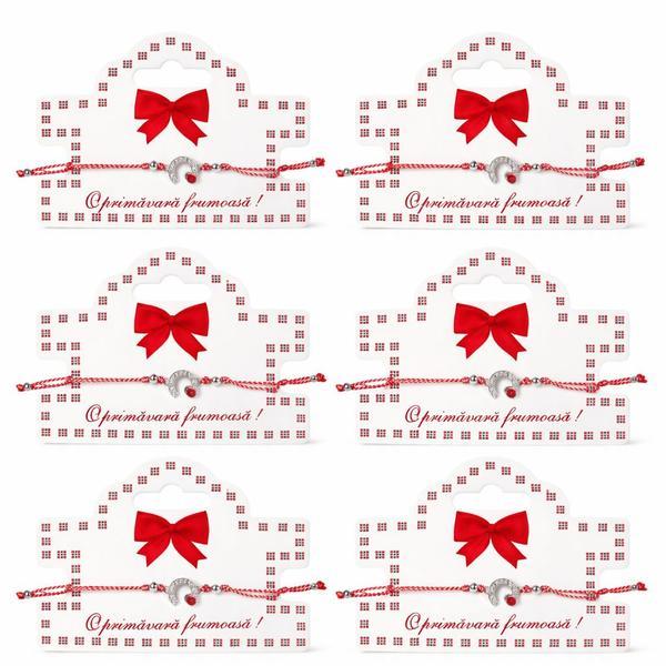 Set 6 Brățări Mărțișor cu Potcoavă Norocoasă și Cristale, Șnur Roșu-Alb Reglabil, Cartonaș Elegant &ndash; Ediția Primăvară