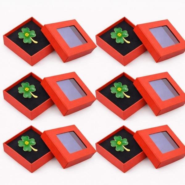 Set 6 Mărțișoare Broșă Trifoi cu Patru Foi Verde, Simbol Noroc, Cutie Cadou Individuală