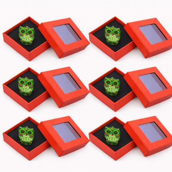 Set 6 Mărțișoare Broșă Bufniță Verde, Design Colorat, Cutie Cadou Individuală