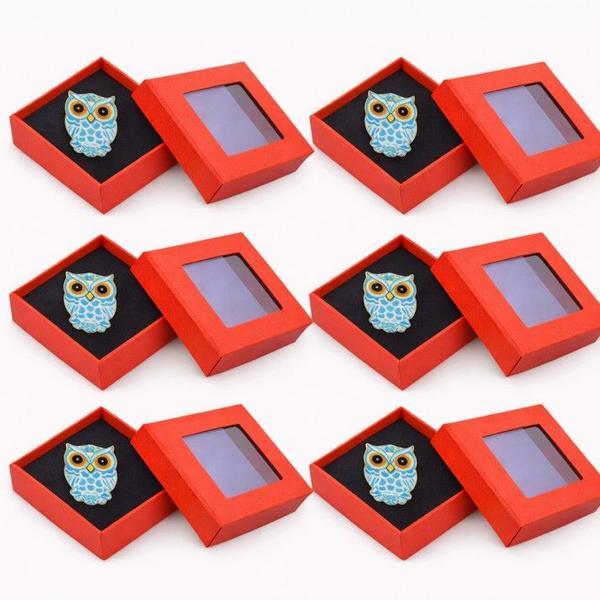 Set 6 Mărțișoare Broșă Bufniță Albastră, Design Modern Colorat, Cutie Cadou Individuală