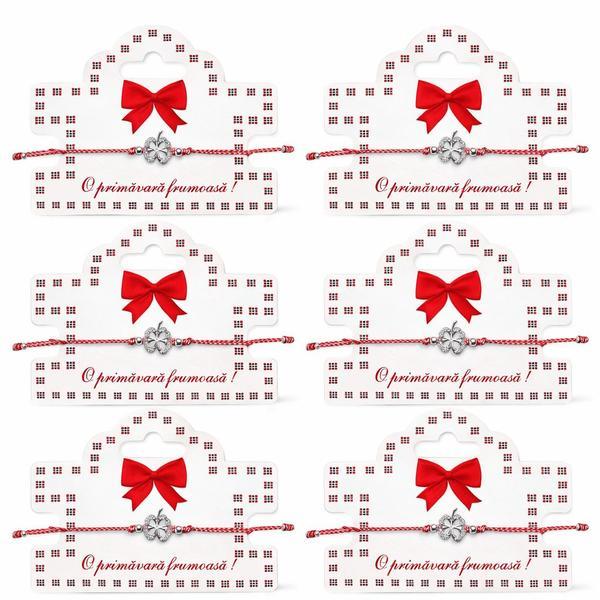 Set 6 Brățări Mărțișor cu Trifoi Norocos și Cristale, Șnur Roșu-Alb Reglabil, Cartonaș Elegant