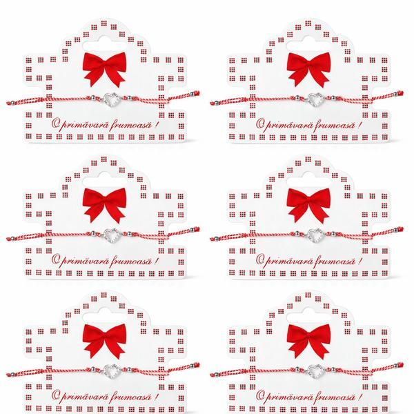 Set 6 Brățări Mărțișor cu Inimă și Cristale, Șnur Roșu-Alb Reglabil, Cartonaș Elegant &ndash; Ediția Primăvară