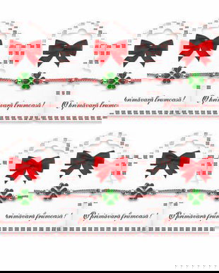 Set 6 Brățări Mărțișor cu Trifoi Verde , Șnur Roșu-Alb Reglabil, Cartonaș Elegant &ndash; Ediția Primăvară