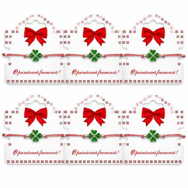 Set 6 Brățări Mărțișor cu Trifoi Verde , Șnur Roșu-Alb Reglabil, Cartonaș Elegant &ndash; Ediția Primăvară