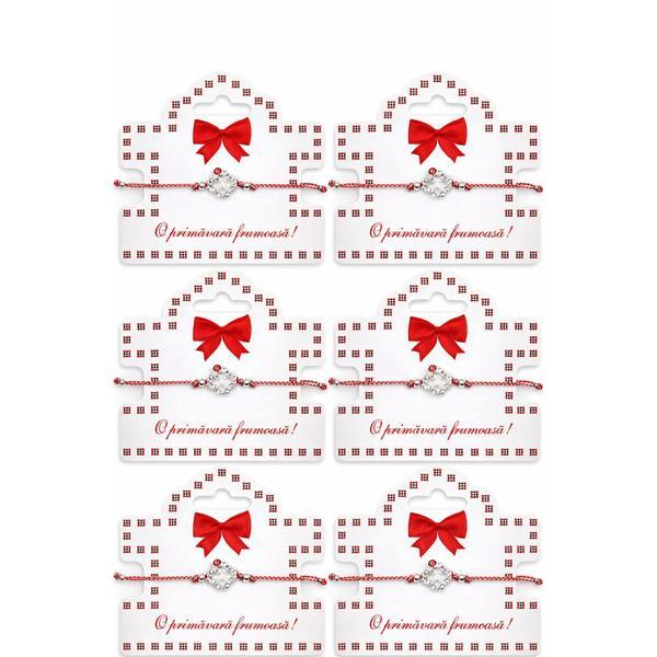 Set 6 Brățări Mărțișor cu Floare  cu Cristale, Șnur Roșu-Alb Reglabil, Cartonaș Elegant &ndash; Ediția Primăvară