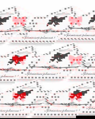 Set 6 Brățări Mărțișor cu M&acirc;na Protectoare (Hamsa) și Cristale, Șnur Roșu-Alb Reglabil, Cartonaș Elegant &ndash; Ediția Primăvară