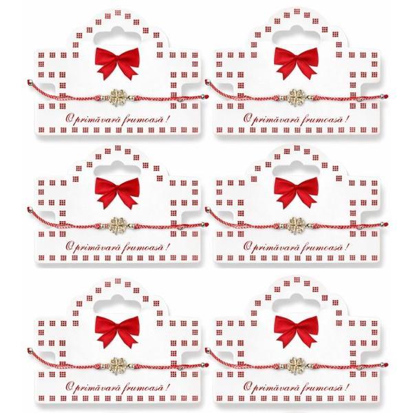 Set 6 Brățări Mărțișor cu Trifoi Auriu și Cristale, Șnur Roșu-Alb Reglabil, Cartonaș Elegant &ndash; Ediția Primăvară