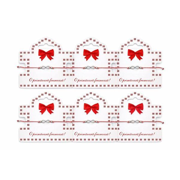 Set 6 Brățări Mărțișor cu Simbol Infinit și Cristale, Șnur Roșu-Alb Reglabil, Cartonaș Elegant – Ediția Primăvară