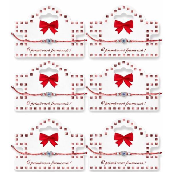 Set 6 Brățări Mărțișor cu Inimă și Ochi Protector, Cristale, Șnur Roșu-Alb Reglabil, Cartonaș Elegant &ndash; Ediția Primăvară