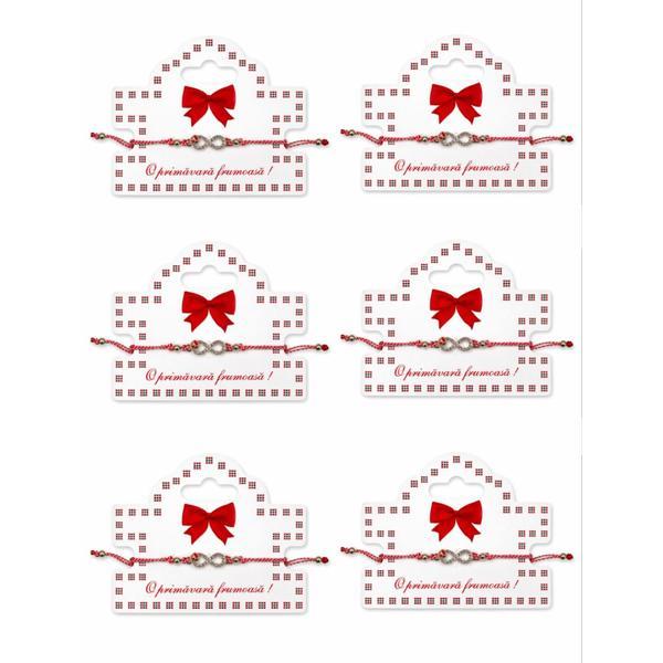Set 6 Brățări Mărțișor cu Simbol Infinit și Cristale, Șnur Roșu-Alb Reglabil, Cartonaș Elegant &ndash; Ediția Primăvară