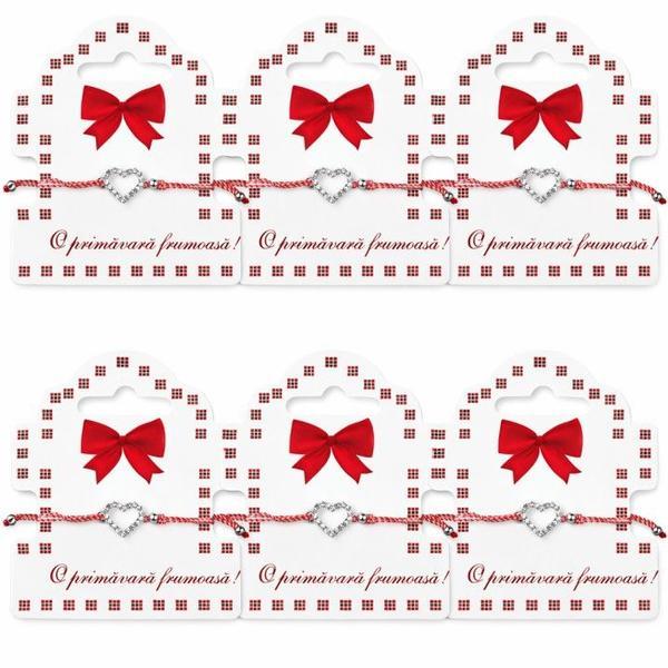 Set 6 Mărțișoare Brățară &ndash; Inimă cu Cristale, Șnur Roșu-Alb Reglabil, Cartonaș &bdquo;O primăvară frumoasă!&rdquo;