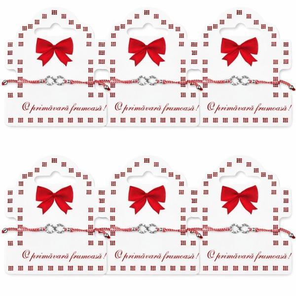 Set 6 Mărțișoare Brățară &ndash; Simbol Infinit cu Cristale, Șnur Roșu-Alb Reglabil, Cartonaș &bdquo;O primăvară frumoasă!&rdquo;