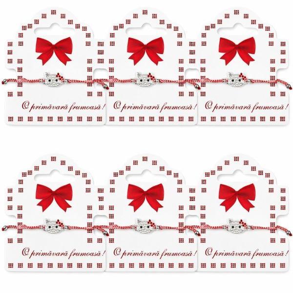 Set 6 Mărțișoare Brățară &ndash; Pisica cu Cristale, Șnur Roșu-Alb Reglabil, Cartonaș &bdquo;O primăvară frumoasă!&rdquo;