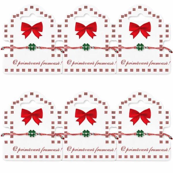 Set 6 Mărțișoare Brățară &ndash; Trifoi Norocos Verde, Șnur Roșu-Alb Reglabil, Cartonaș &bdquo;O primăvară frumoasă!&rdquo;