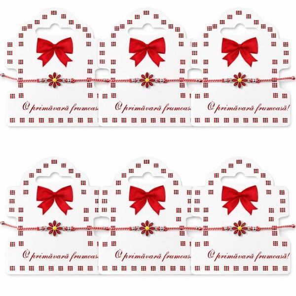 Set 6 Brățări Mărțișor cu Margaretă Roșie &ndash; Șnur Roșu-Alb Reglabil, Cartonaș Tradițional
