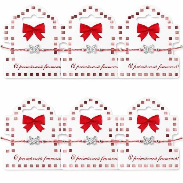 Set 6 Brățări Mărțișor cu Fluture Argintiu &ndash; Șnur Roșu-Alb Reglabil, Cartonaș Tradițional