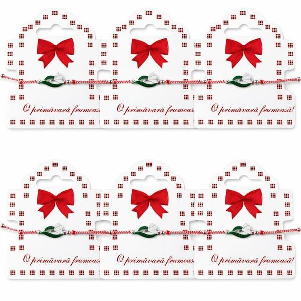 Set 6 Brățări Mărțișor cu Ghiocel, Șnur Roșu-Alb, Simbol al Primăverii