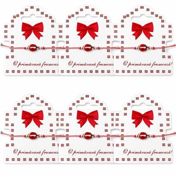 Set 6 Brățări Mărțișor cu Buburuza &ndash; Șnur Roșu-Alb Reglabil, Cartonaș Tradițional