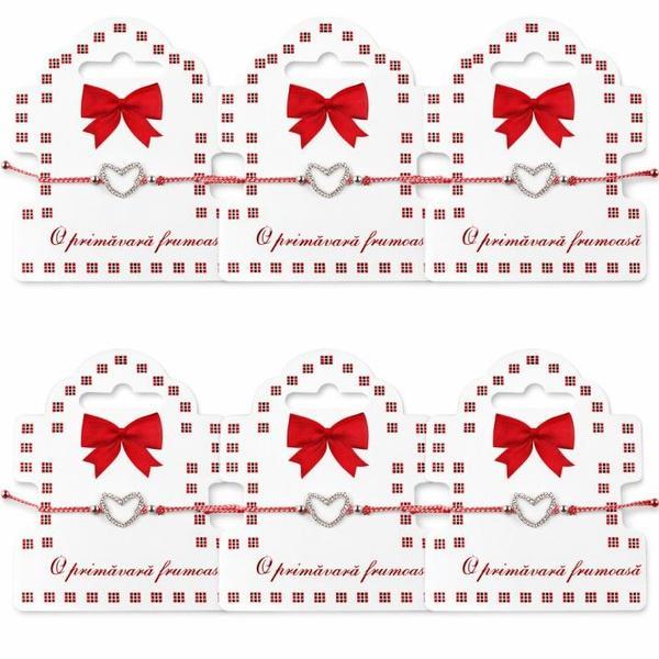 Set 6 Brățări Mărțișor cu Inima &ndash; Șnur Roșu-Alb Reglabil, Cartonaș Tradițional