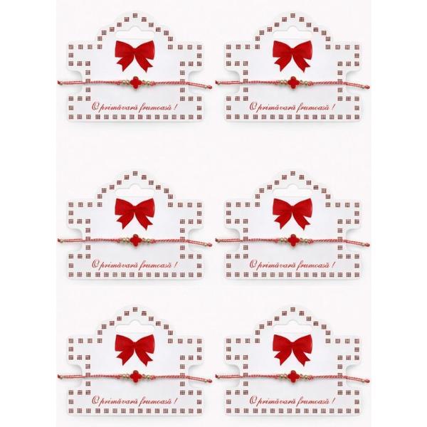 Set 6 Mărțișoare Brățară Reglabilă cu Trifoi Roșu, Șnur Mărțișor, Card „O primăvară frumoasă”
