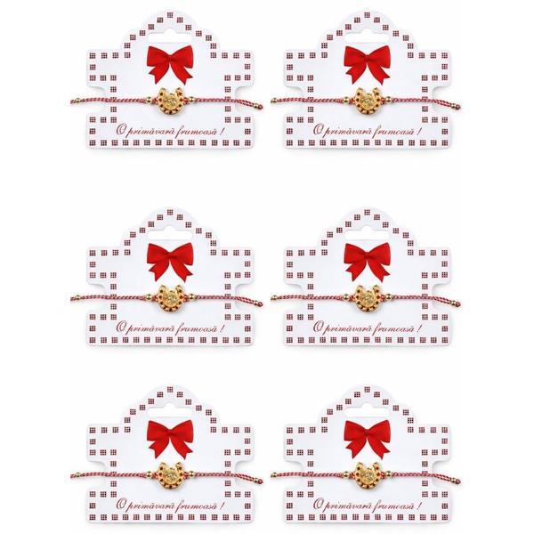 Set 6 Mărțișoare Brățară Reglabilă cu Potcoavă Norocoasă, Șnur Alb-Roșu, Card „O primăvară frumoasă”