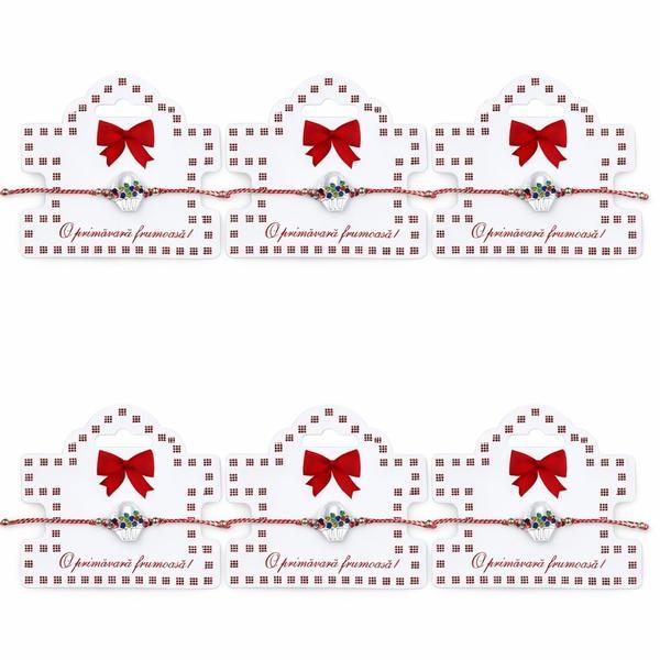 Set 6 Mărțișoare Brățară Reglabilă Cos cu Flori, Șnur Alb-Roșu, Card „O primăvară frumoasă”
