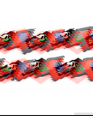 Set 6 Broșe Mărțișor Lalea Stilizată, Emailată Roșu-Verde cu Detalii Aurii, cu Cutie Cadou Roșie