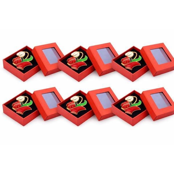 Set 6 Broșe Mărțișor Lalea Stilizată, Emailată Roșu-Verde cu Detalii Aurii, cu Cutie Cadou Roșie