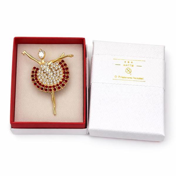 Broșă Mărțișor Balerină Elegantă Aurie cu Pietre Roșii și Cristale Strălucitoare, &icirc;n Cutie Cadou