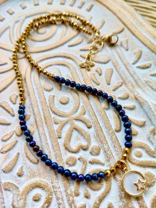 Colier CHOKER perle negre petrol de cultura & hematite aurii