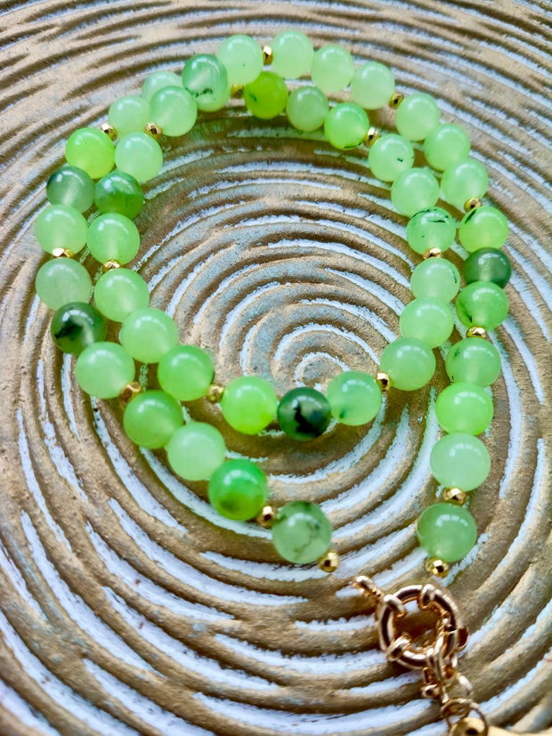 Colier calcedonie verde crud & frunza ginkgo
