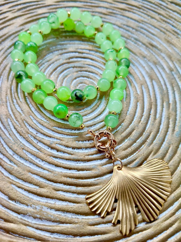 Colier calcedonie verde crud & frunza ginkgo