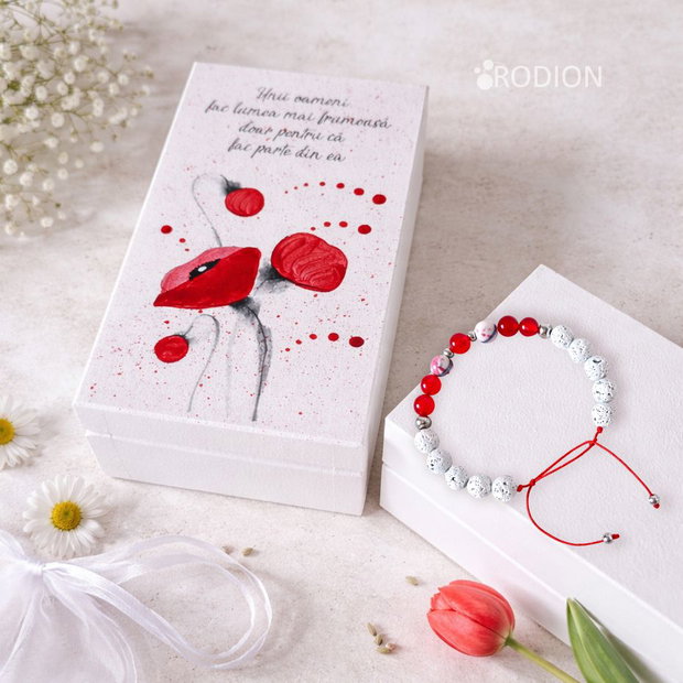 Set bratara & cutie maci pentru bijuterii pictata manual cu mesaj