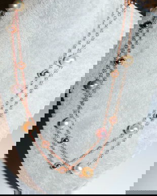 Colier nou argint placat cu aur roz,  rodiat, perle  naturale MAJORICA, 3 nuante