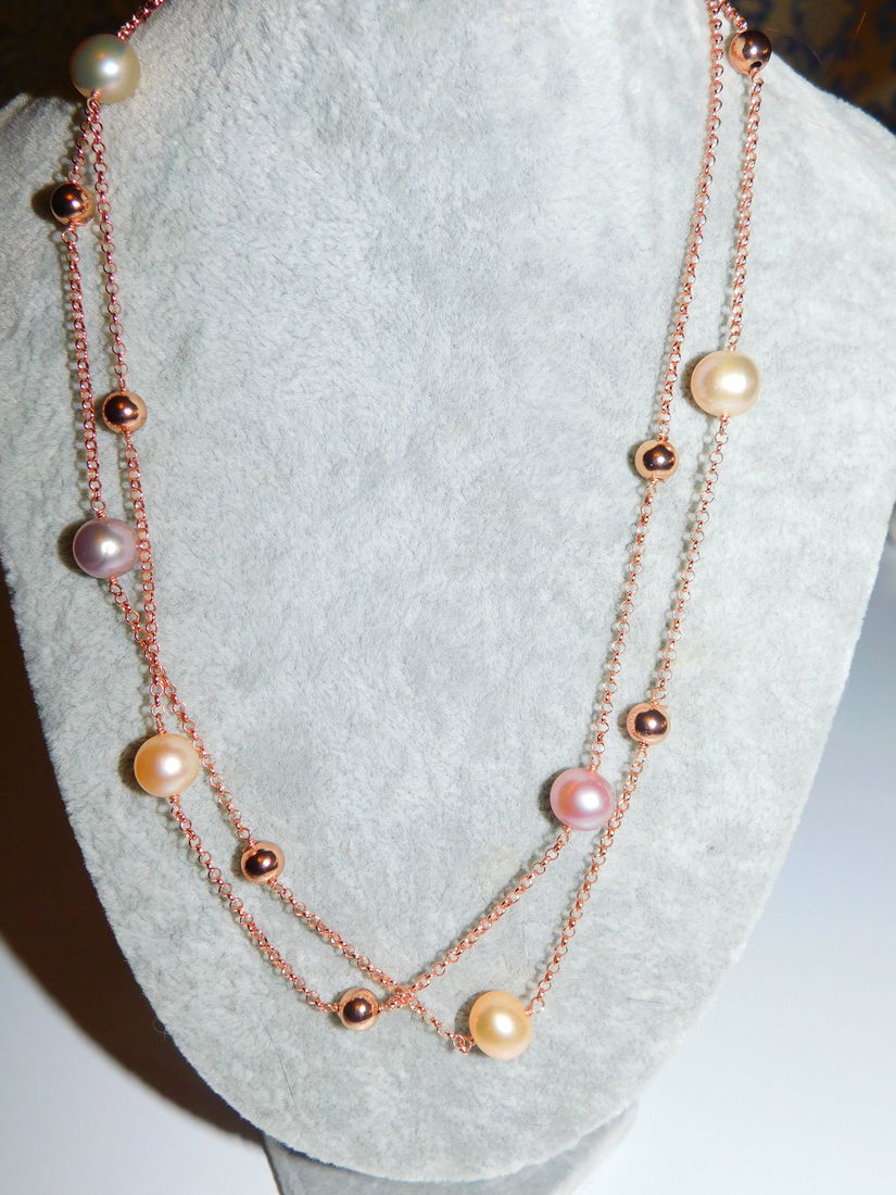Colier nou argint placat cu aur roz,  rodiat, perle  naturale MAJORICA, 3 nuante