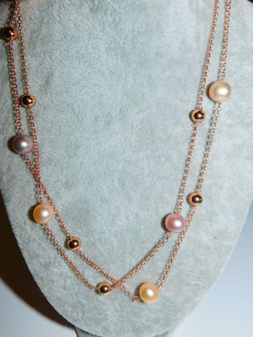 Colier nou argint placat cu aur roz,  rodiat, perle  naturale MAJORICA, 3 nuante