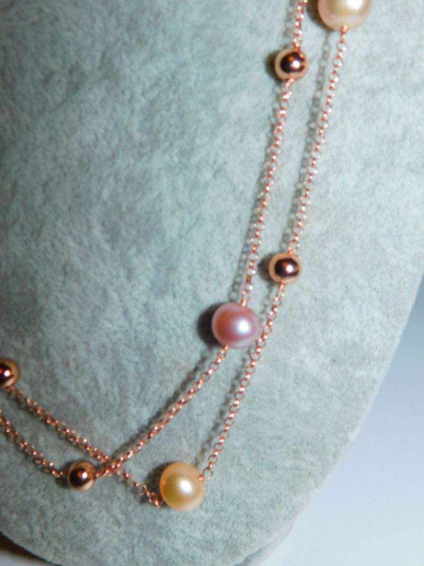Colier nou argint placat cu aur roz,  rodiat, perle  naturale MAJORICA, 3 nuante